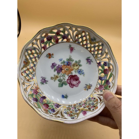 VTG DRESDEN Schumann Porcelain Reticulated Candy/Nut Dish and Bowl Floral Gold - Picture 5 of 13